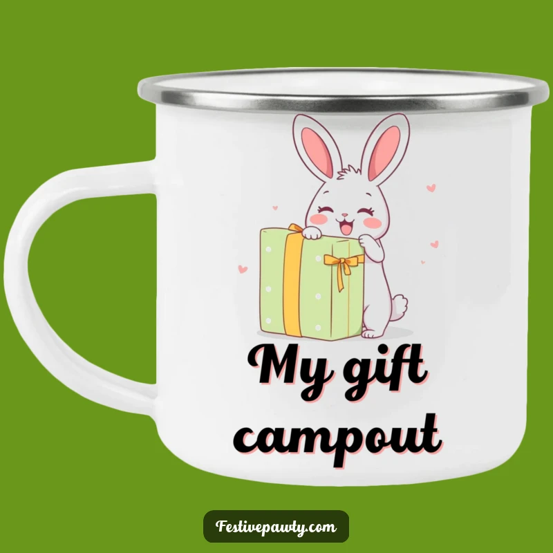 Funny Rabbit Camping Mug: Excitedly Unwrapping a Giant Present