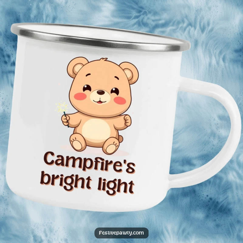 Funny Bear Camping Mug, a sturdy enamel cup with a smiling bear character holding a brightly lit sparkler, ready for adventure.