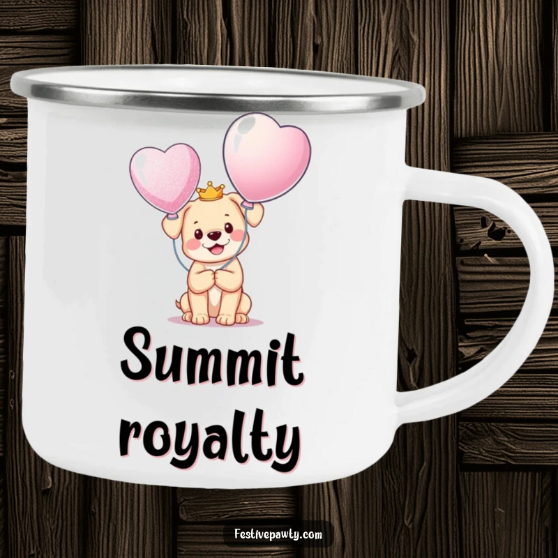 Funny Camping Mug featuring a happy puppy wearing a miniature crown, holding a giant glittering balloon, built for adventure and radiating joy.