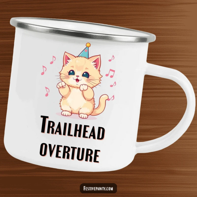 Funny Camping Mug featuring a fluffy kitten in a party hat, conducting musical notes, built for adventure and emitting cheerful vibes.