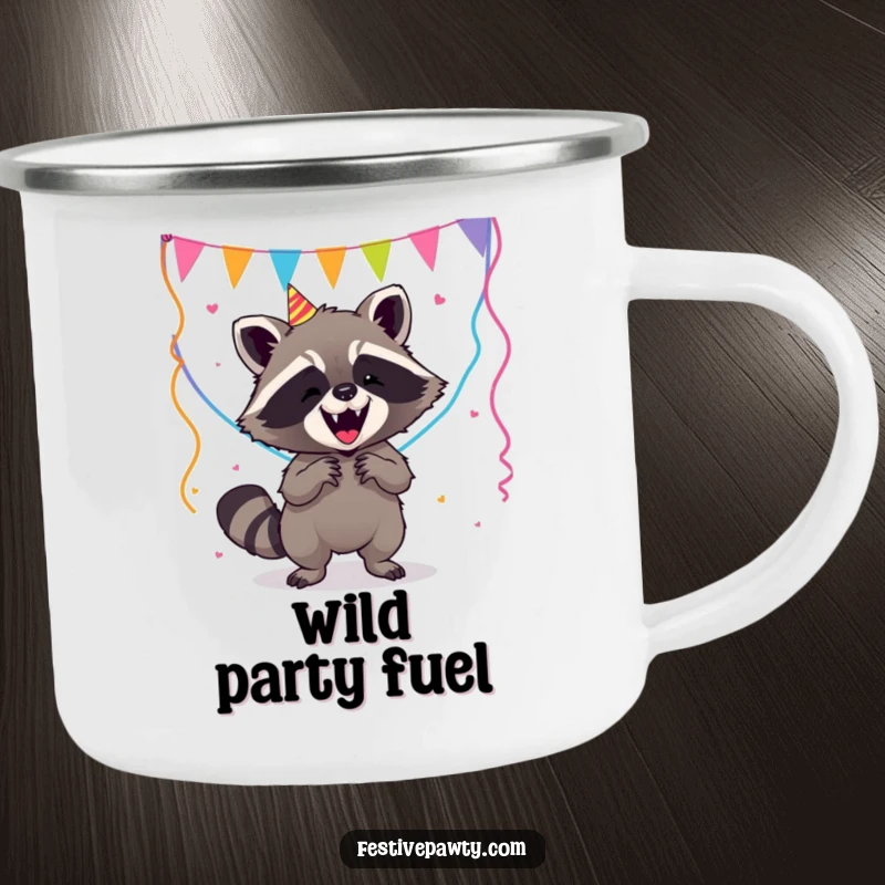 Funny Raccoon Camping Mug: A rugged mug with a hilarious raccoon humorously failing to control party streamers in the great outdoors.