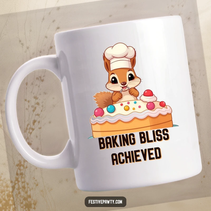 Funny mug featuring a mischievous squirrel in a chef hat, adorning a huge cake with frosting, a baker's gift.