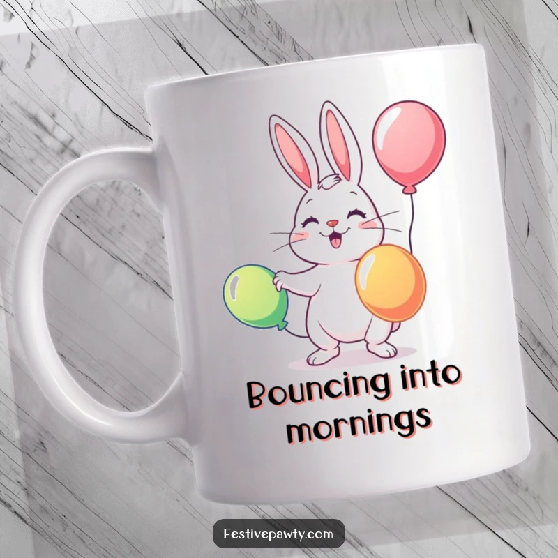 Funny mug shows a cute rabbit skillfully juggling three bright, colorful balloons with its paws, radiating playful energy and focus.