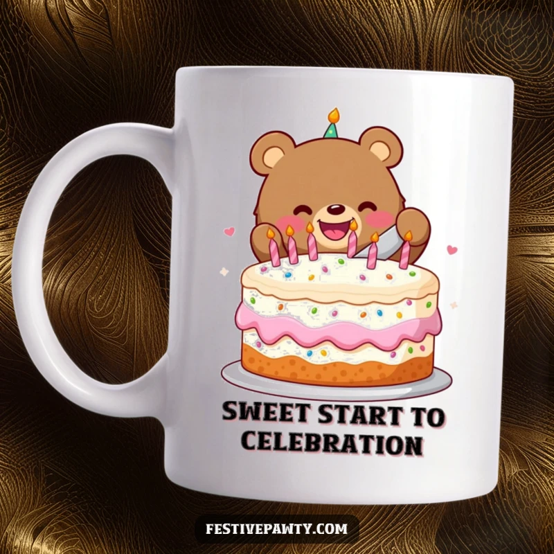 Funny mug with a beaming bear character joyfully slicing a large, festive birthday cake, embodying celebration and happiness.