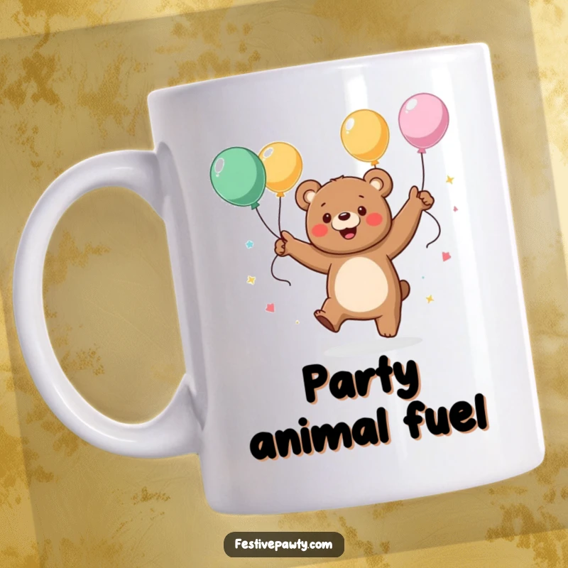 Funny mug featuring a happy bear character dancing energetically, surrounded by colorful streamers and balloons, radiating pure celebratory joy.
