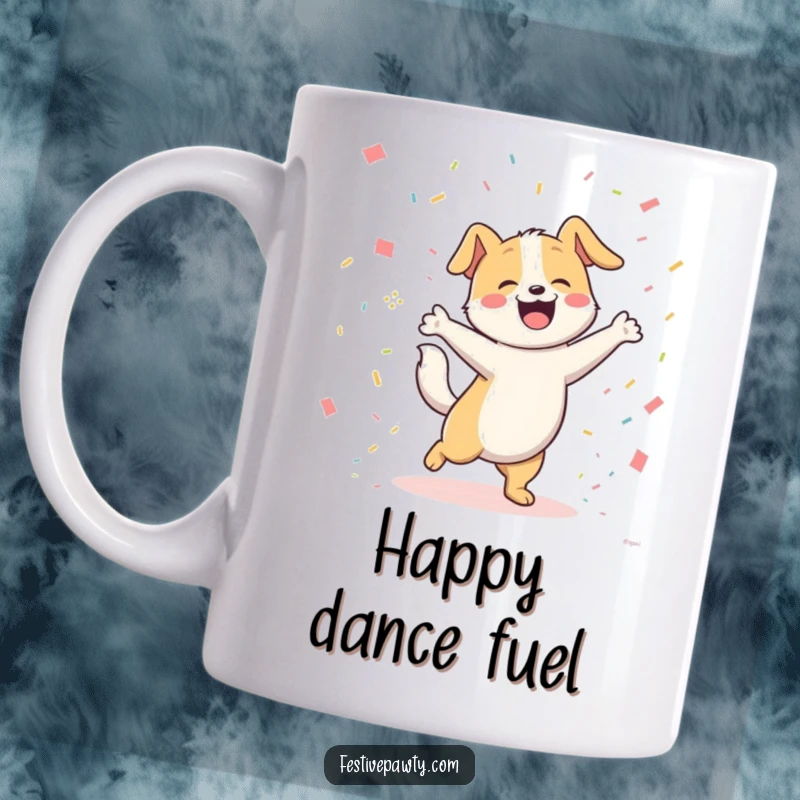 Funny joyful dog character happily dancing with its tail wagging furiously amongst colorful confetti. A humorous and festive mug design.