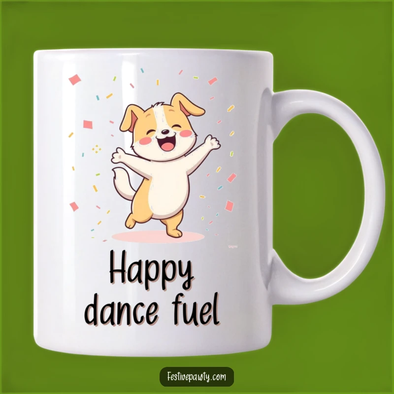 Funny Dog Dancing Mug: Joyful Pooch Wagging Tail Amidst Confetti, Perfect Gift!