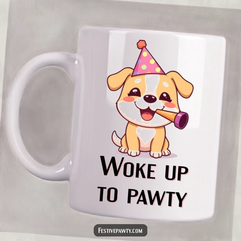 Funny, cheerful dog wearing a party hat, happily blowing a noisemaker, on a mug, perfect for a hilarious gift.