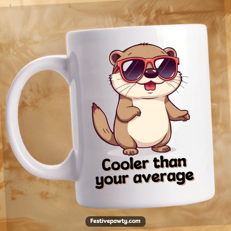 Funny mug featuring a playful otter rocking oversized sunglasses and doing a cool shimmy dance, radiating confidence.