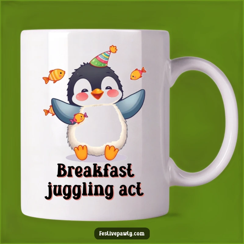 Funny Penguin Juggler Mug: Fluffy Penguin Party, Hilarious Fish Juggling Gift