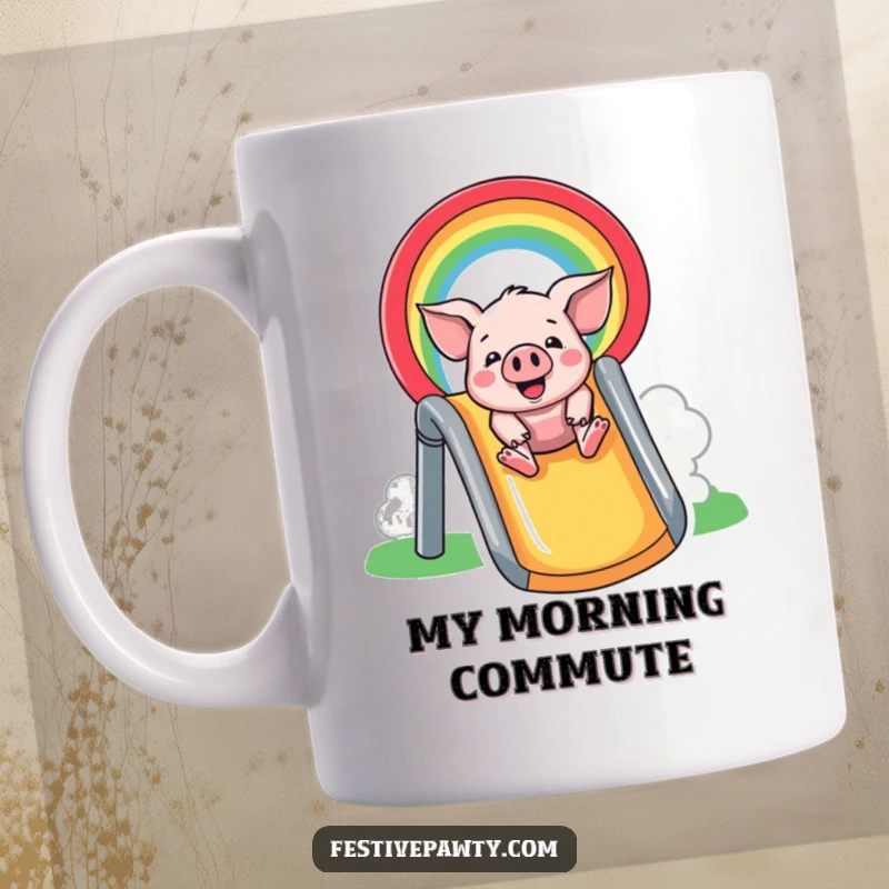 Funny Mug: A cheerful pig slides gleefully down a vibrant rainbow, embodying pure joy and playful adventure.