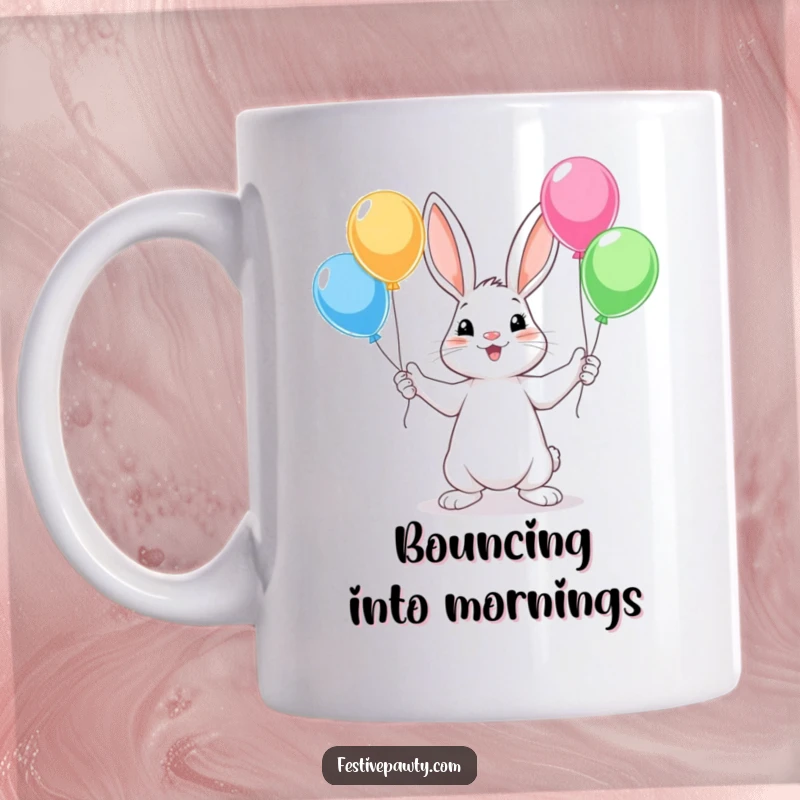 Funny Rabbit Mug, a cute cartoon rabbit energetically juggling multiple colorful balloons using all four of its paws.