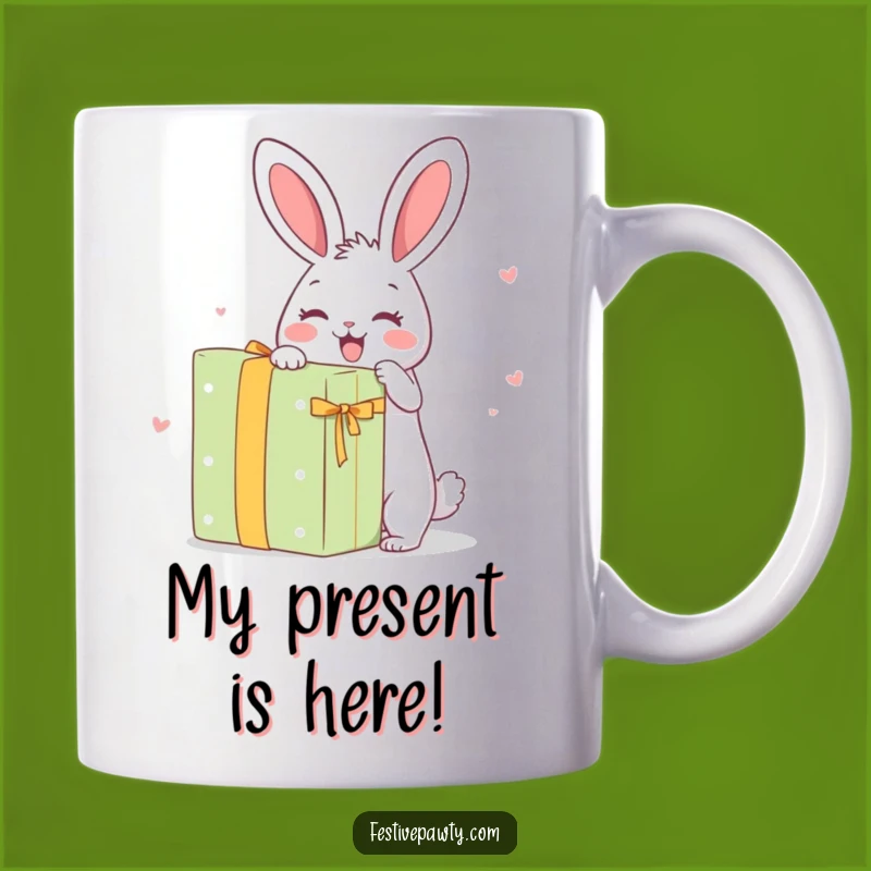 Funny Rabbit Gift: Happy Bunny Unwrapping a Huge Present Mug