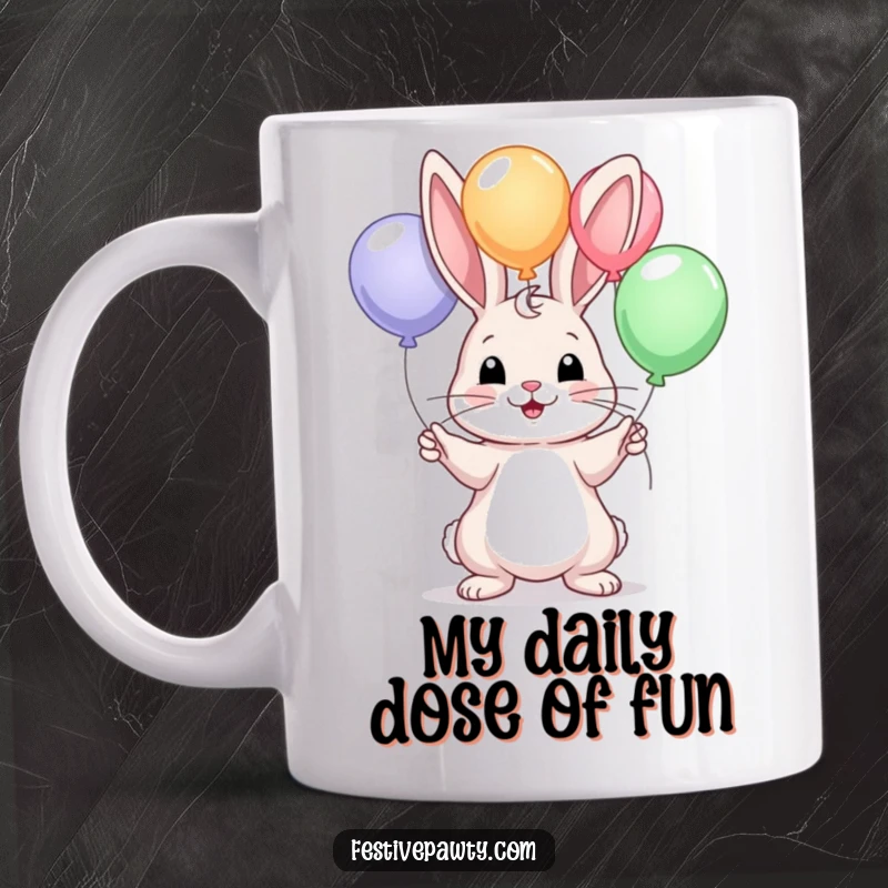 Funny mug with a happy rabbit character expertly juggling three colorful balloons, bringing smiles and laughter.