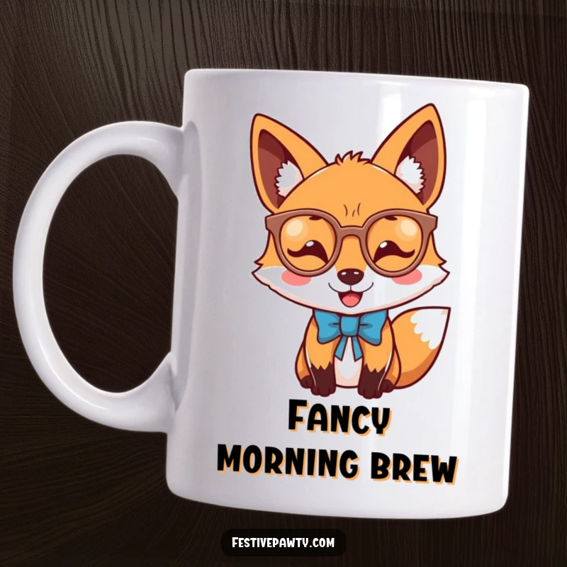 Funny joyful fox mug wearing large novelty glasses and a smart bow tie, exuding dapper charisma.
