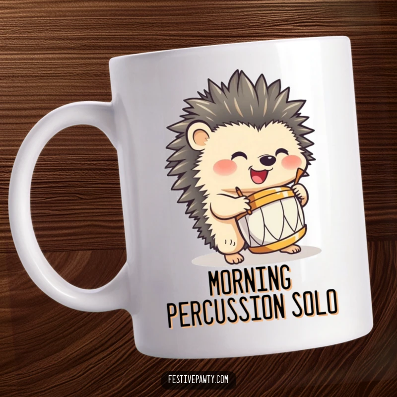 Funny hedgehog mug, smiling happily, enthusiastically drumming a tiny drum using its sharp quills, conveying joyful musical energy.