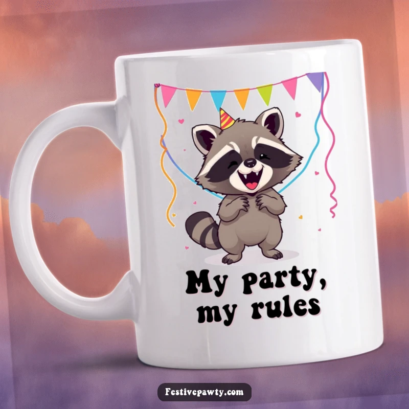 Funny Raccoon Mug: A clumsy raccoon hilariously struggles to balance colorful party streamers, embodying chaotic party energy.