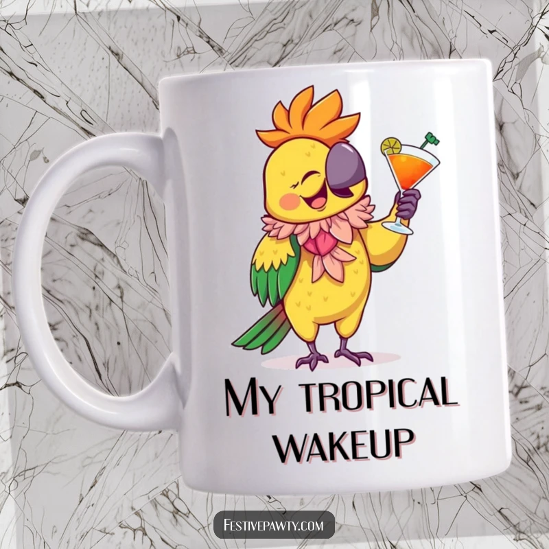 Funny Mug featuring a giggling parrot wearing a flamboyant feathered boa, joyfully dancing with a colorful cocktail, embodying pure party spirit.
