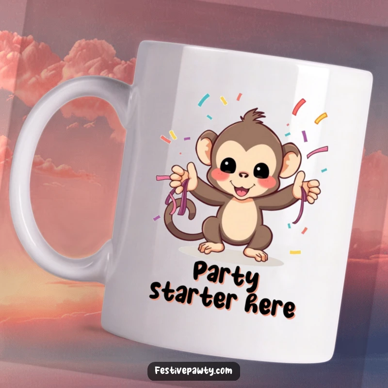 Funny Mug: A monkey energetically tosses a cascade of colorful party streamers, embodying playful celebration.