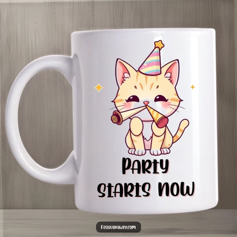 Funny cat mug with a cute character wearing a party hat and blowing a party horn with enthusiasm, celebrating a special occasion.