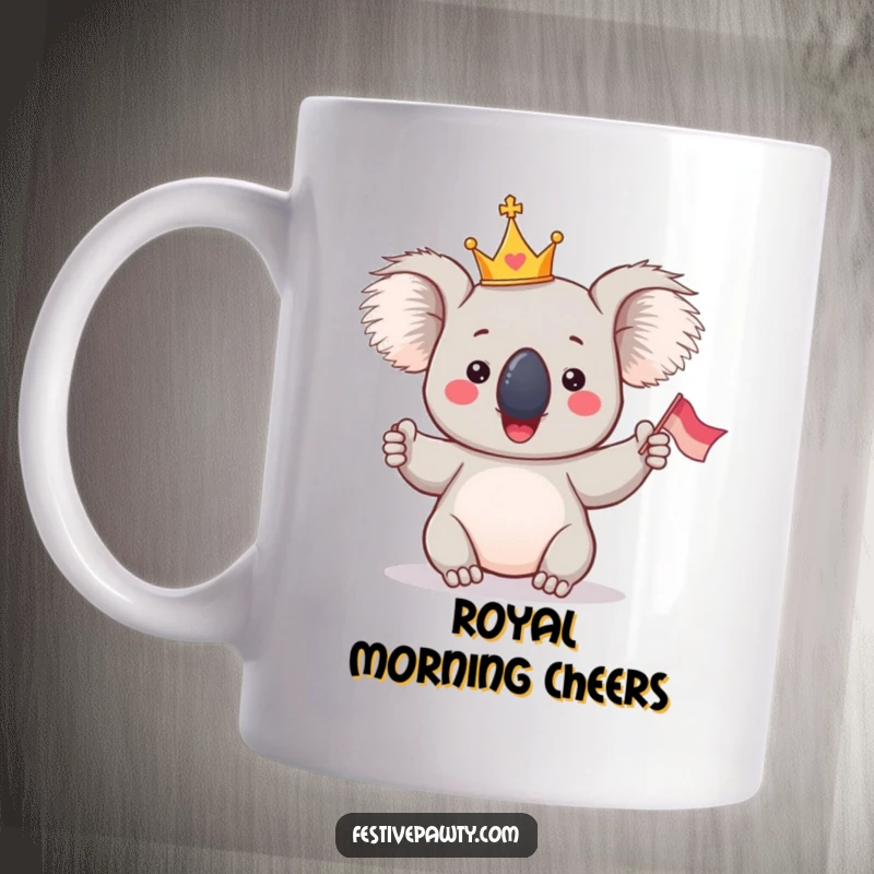 Funny Koala King Mug: A giddy koala wearing a tiny crown, joyfully waving a small flag, exuding cheerful authority.