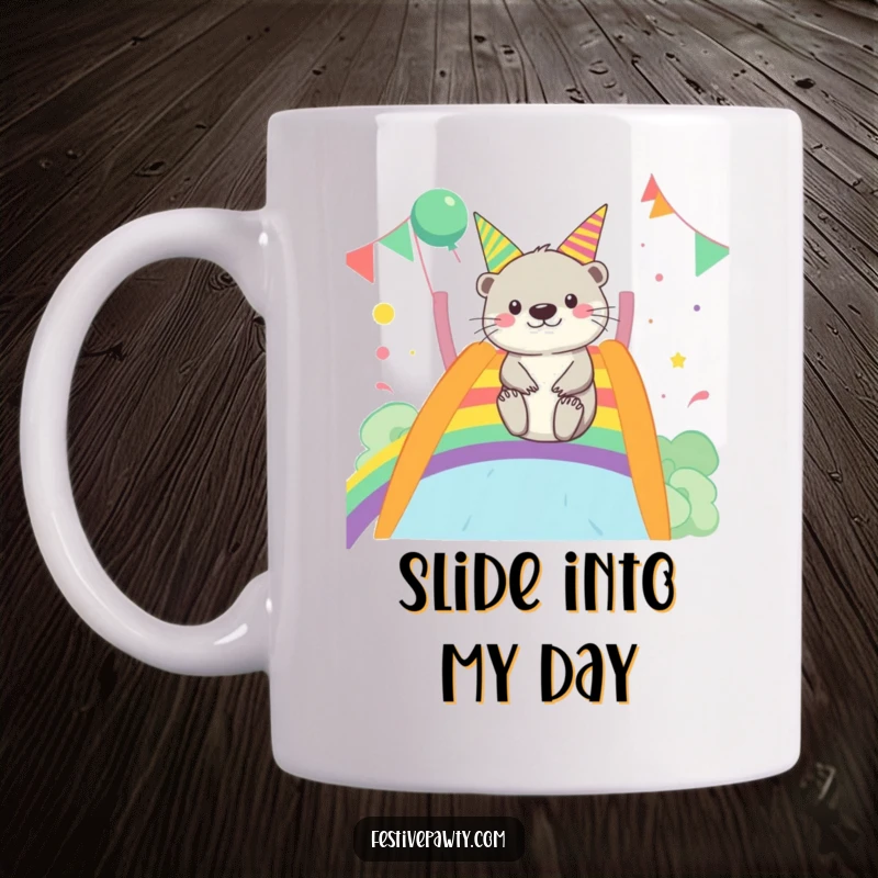 Funny Otter Mug: A merry otter gleefully slides down a vibrant rainbow slide, embodying pure party joy.