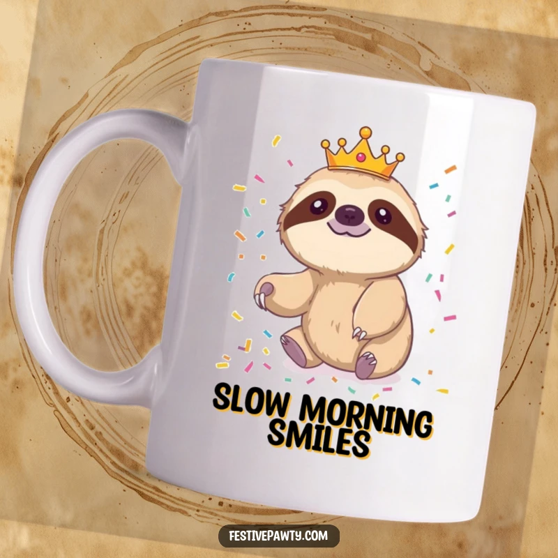 Funny sloth mug showing a cheerful sloth king slowly reaching for scattered confetti, embodying patience.