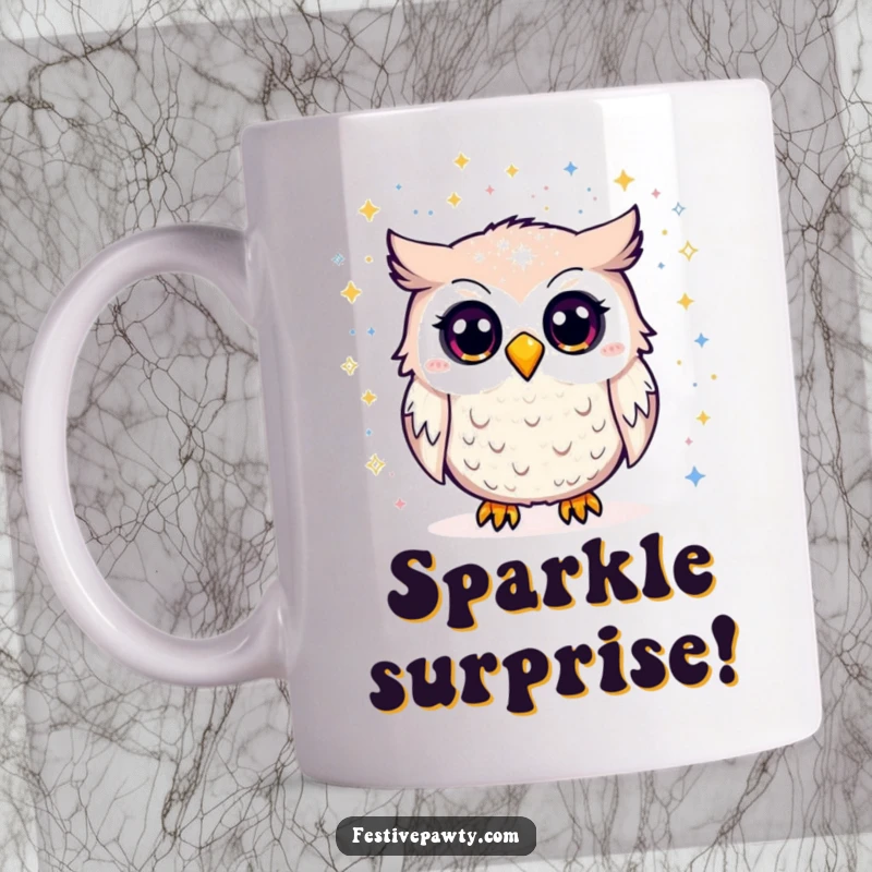 Funny Mug: An owl looks stunned as it’s covered in a cascade of colorful glitter, creating a moment of hilarious surprise.