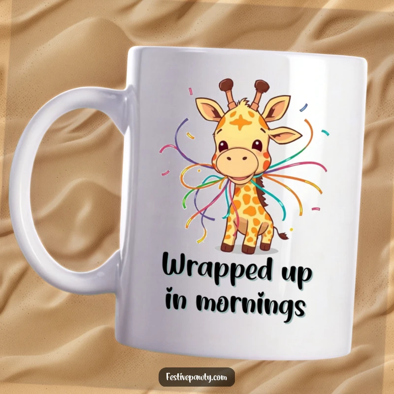Funny mug featuring a giggling giraffe comically entangled in a mess of colorful party streamers, looking delightfully silly.