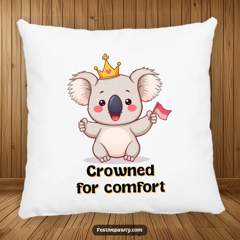Funny Koala King Pillow: A giddy koala in a tiny crown, waving a flag, offering soft comfort with a regal and cheerful presence.