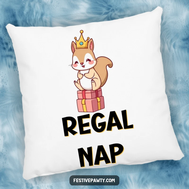 Funny Squirrel King Pillow: A squirrel wearing a tiny crown sits on a stack of gifts, offering soft comfort and regal humor.