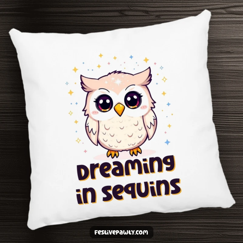 Funny Pillow: A surprised owl is covered in glittering specks, offering comfortable support and a humorous, dazzling touch.