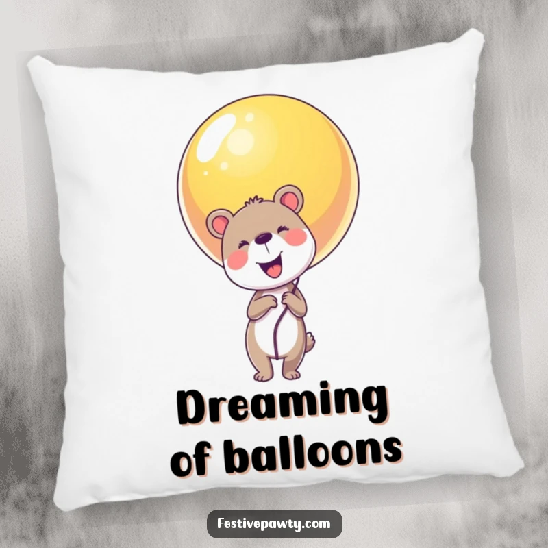 Funny animal character pillow holding a giant balloon, designed for comfort and cheerful dreams.
