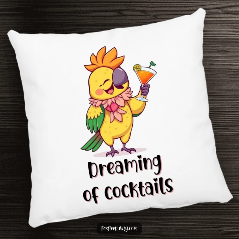 Funny Pillow featuring a giggling parrot wearing a feathered boa, dancing with a cocktail, perfect for adding comfort and a festive aesthetic.
