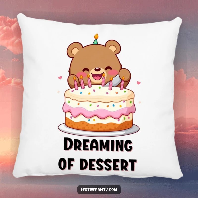 Funny pillow with a soft bear character slicing a festive birthday cake, offering comfort and a touch of celebration.