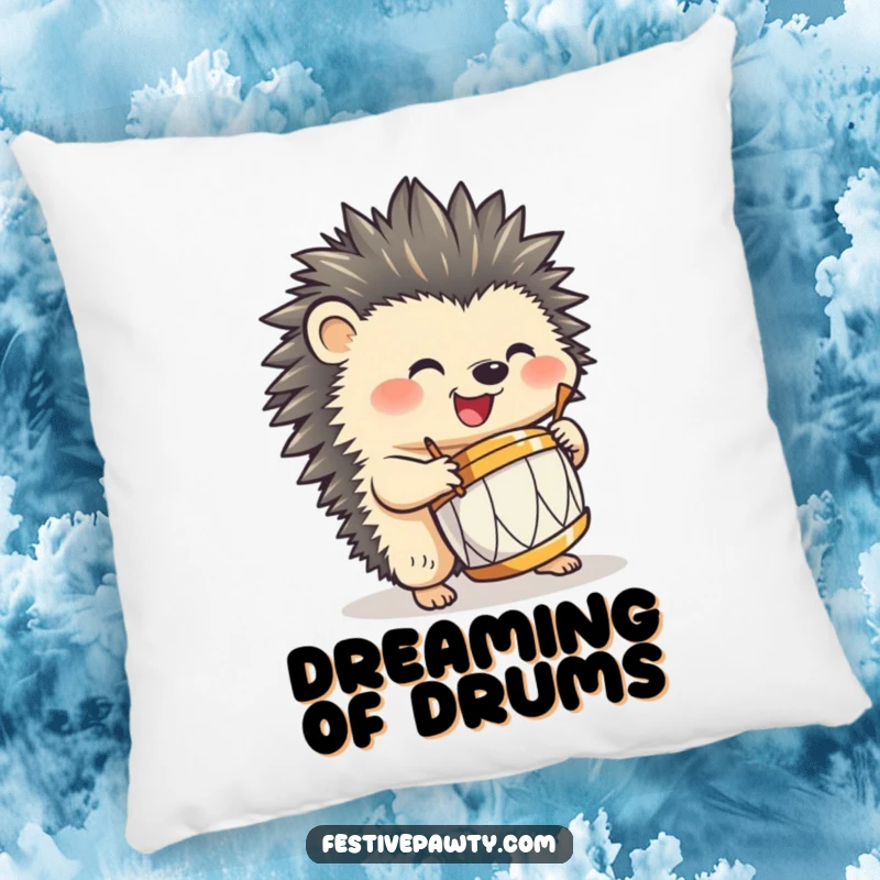 Funny hedgehog pillow, joyfully drumming with sharp quills, adding humorous musical comfort to any couch or bed.