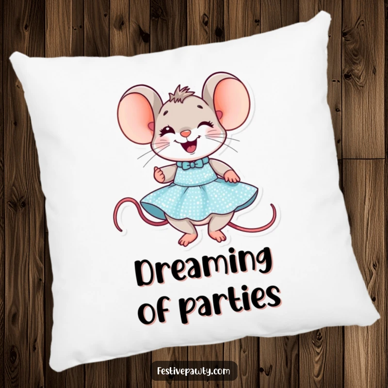 Funny Mouse Party Pillow: A delighted mouse grins from ear to ear while trying on a dazzling sequined party dress.