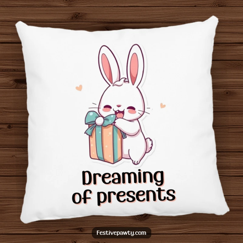 Funny rabbit pillow featuring a cartoon bunny excitedly unwrapping a present, symbolizing cozy anticipation and happiness.