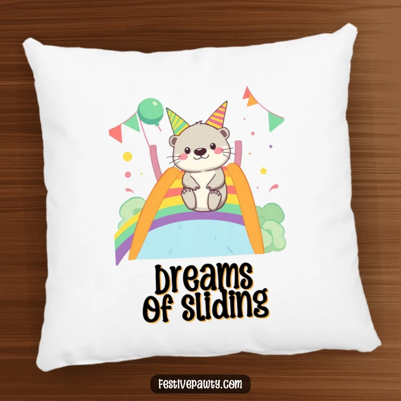 Funny Otter Pillow: A plush pillow depicting a merry otter gleefully sliding down a vibrant rainbow, perfect for cozy fun.