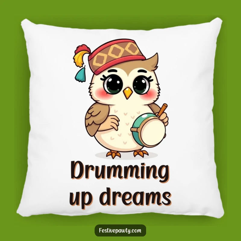 Funny Owl Drummer Pillow: Cozy Fez Comfort, Musical Accent, Perfect Gift