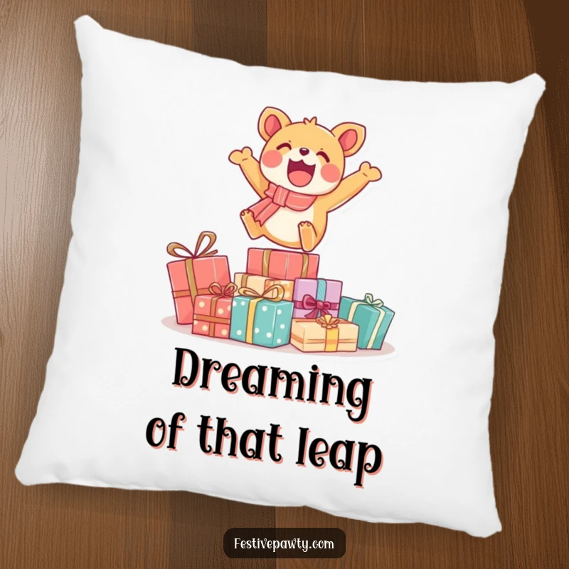 Funny decorative pillow with a cheerful animal character playfully leaping over a mountain of gift boxes, adding a humorous touch to any seating area.