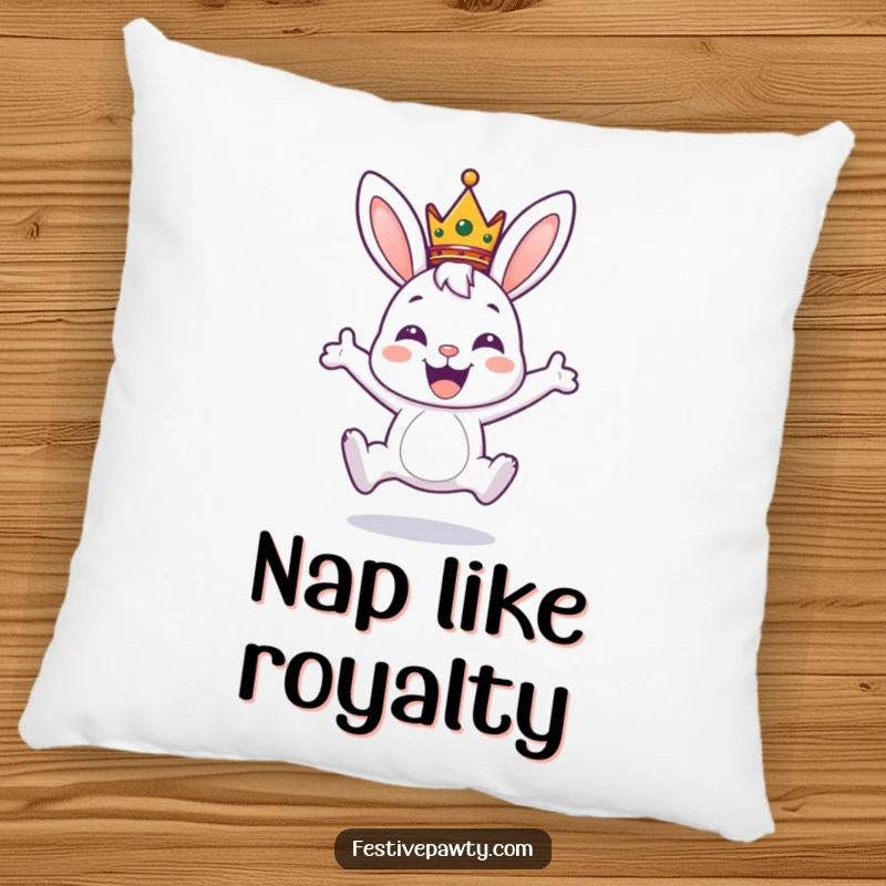 Funny pillow featuring a happy bunny wearing a tiny crown, leaping with excitement, offering plush comfort and regal charm.