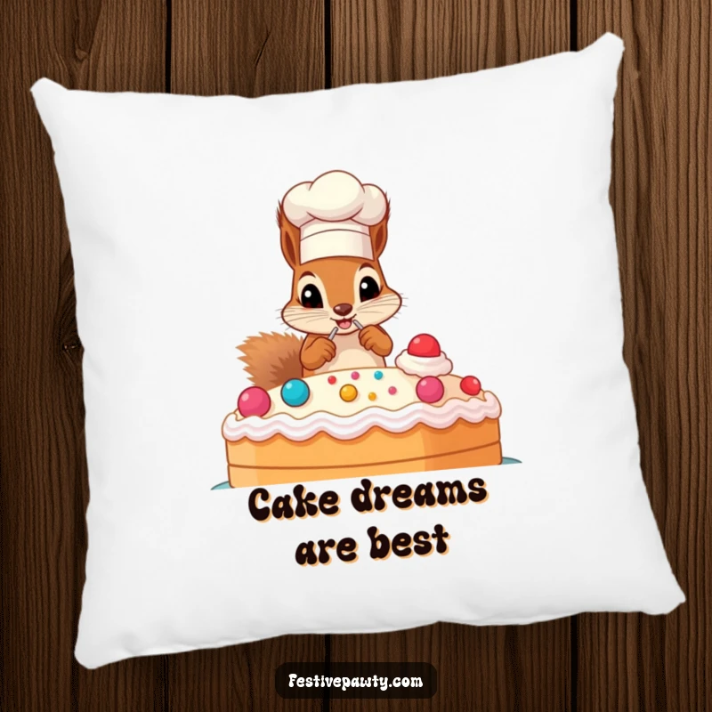 Funny pillow with a mischievous squirrel in a chef hat, decorating a giant cake, adding humor to decor.
