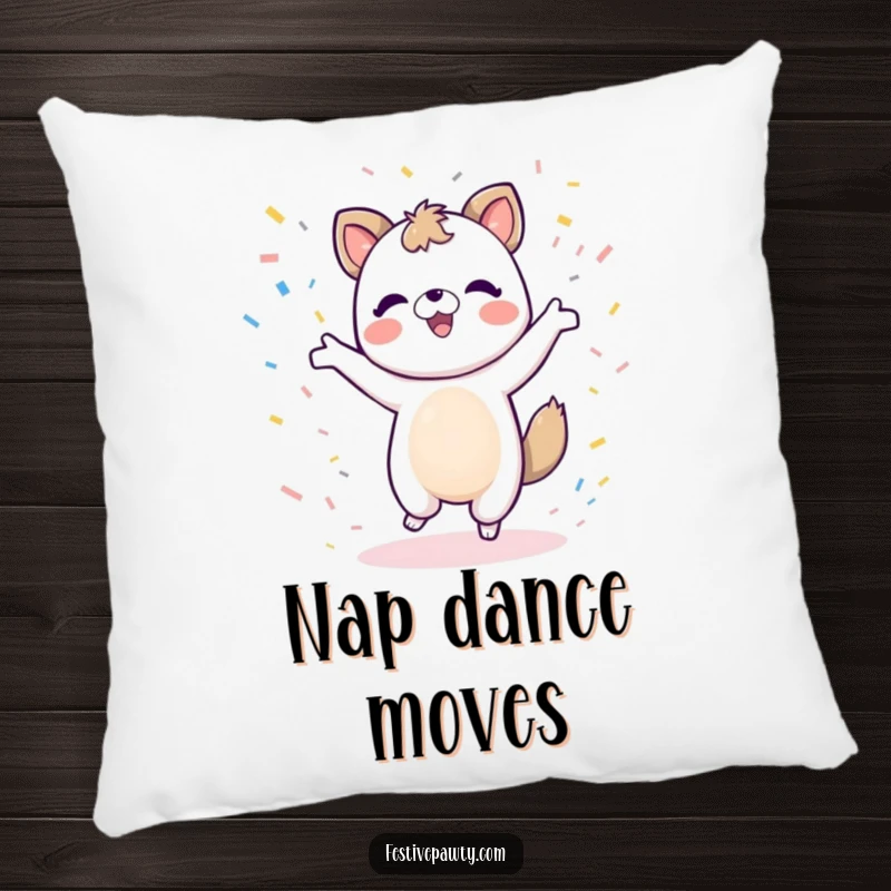 Funny animal character pillow in a dancing pose with confetti, designed for comfort and festive cheer.