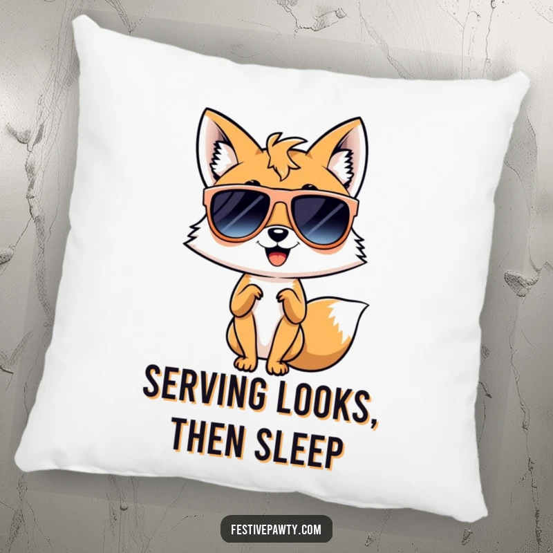 Funny pillow featuring a giggling fox in oversized sunglasses, striking a fabulous diva pose, offering both comfort and attitude.