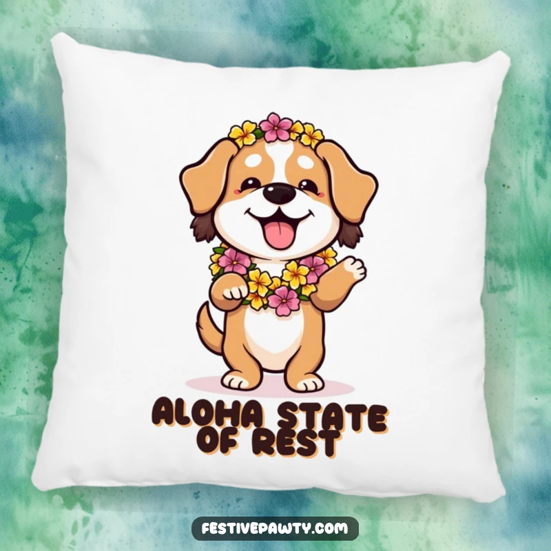 Funny pillow with a playful dog wearing a flower lei, doing a relaxed hula dance, adding tropical humor.