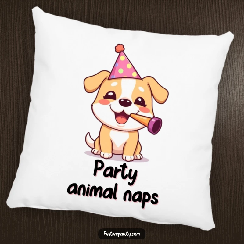 Funny dog character in a party hat blowing a noisemaker with glee, on a soft pillow, adding humorous comfort.