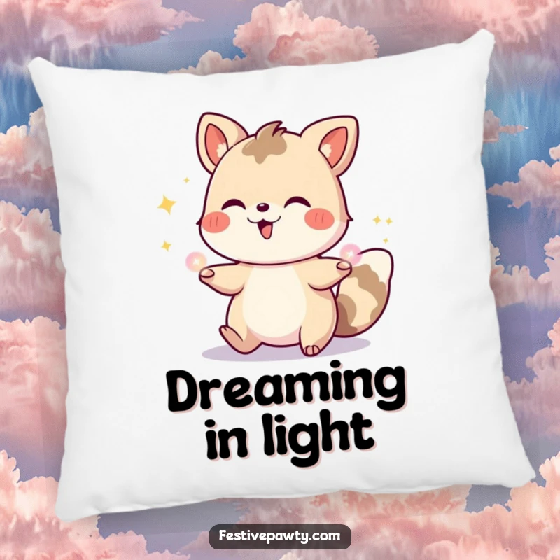Funny decorative pillow with a gleeful animal character juggling bright, glowing party lights, adding a playful and humorous vibe to any room.