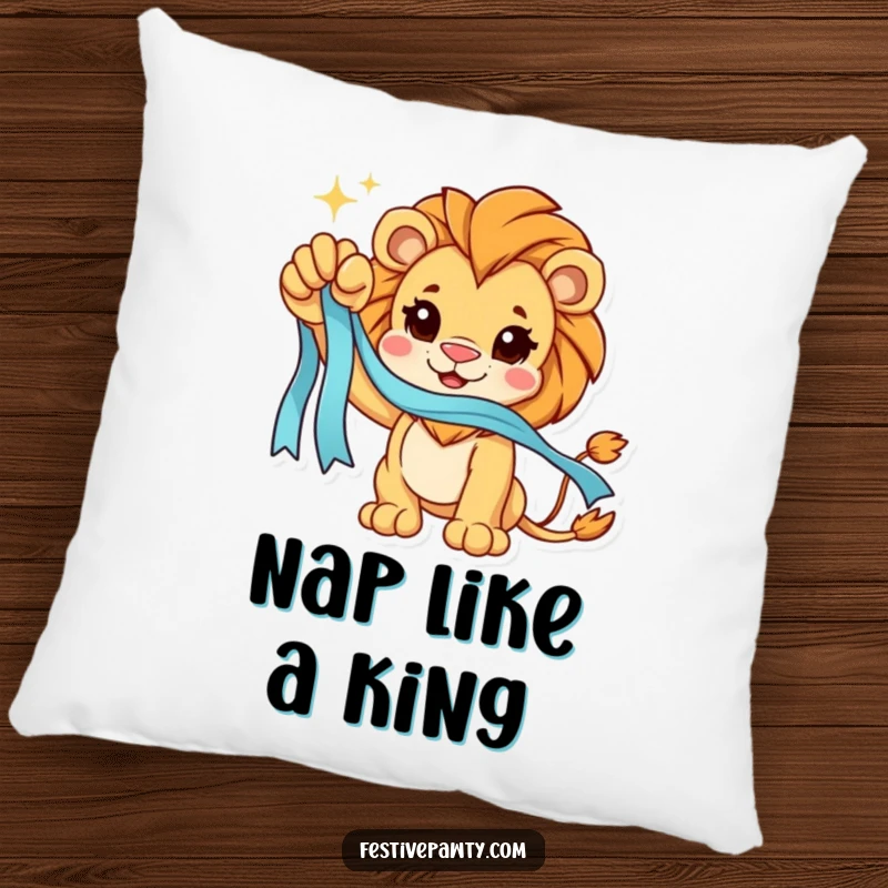 Funny Pillow: A plush pillow depicting a triumphant lion character holding a sparkling ribbon, offering cozy victory vibes.