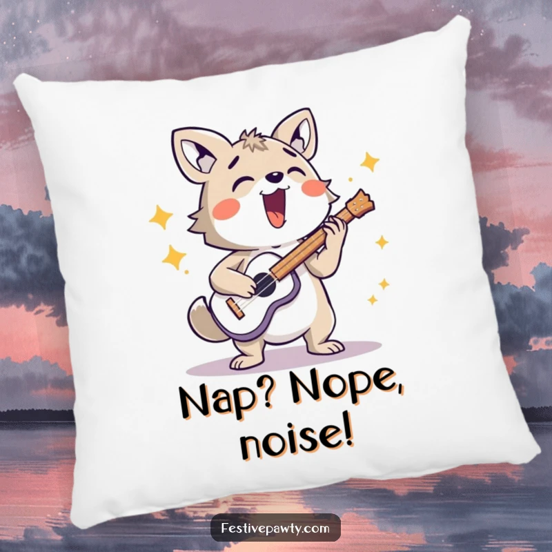 Funny energetic animal character pillow, playing a musical instrument loudly, adding comfort and musical flair to any space.